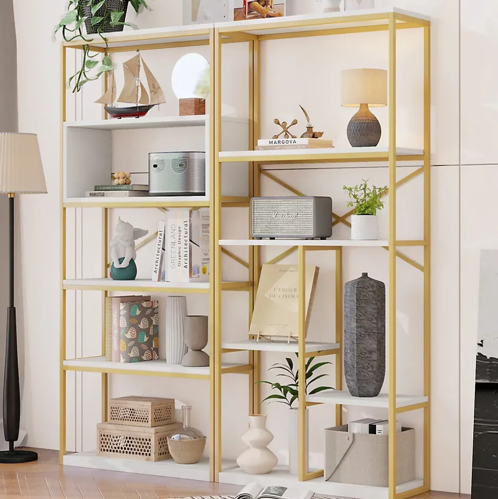 Étagère de Rangement Moderne - Meuble d'Entrée avec Étagères Multiples et Structure en Acier Blanc et Doré - 160x29,5x180 cm