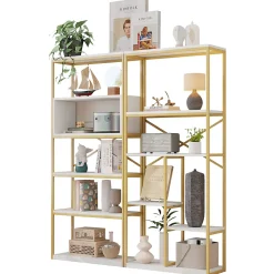 Étagère de Rangement Moderne - Meuble d'Entrée avec Étagères Multiples et Structure en Acier Blanc et Doré - 160x29,5x180 cm