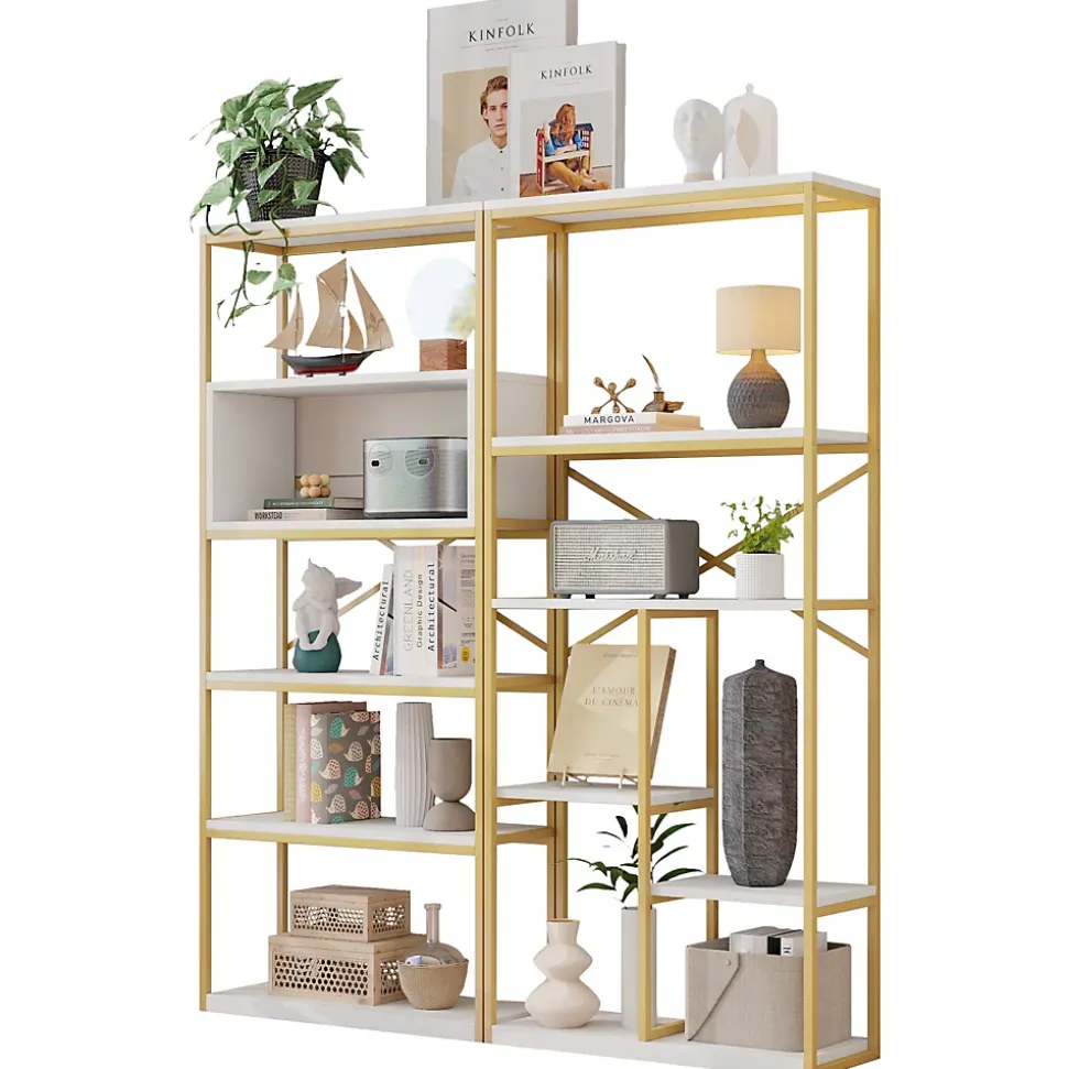 Étagère de Rangement Moderne - Meuble d'Entrée avec Étagères Multiples et Structure en Acier Blanc et Doré - 160x29,5x180 cm