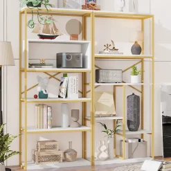 Étagère de Rangement Moderne - Meuble d'Entrée avec Étagères Multiples et Structure en Acier Blanc et Doré - 160x29,5x180 cm