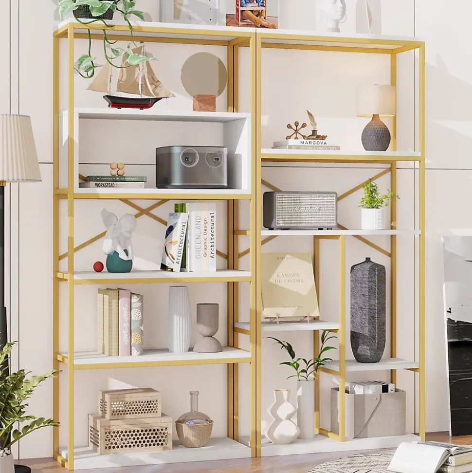 Étagère de Rangement Moderne - Meuble d'Entrée avec Étagères Multiples et Structure en Acier Blanc et Doré - 160x29,5x180 cm