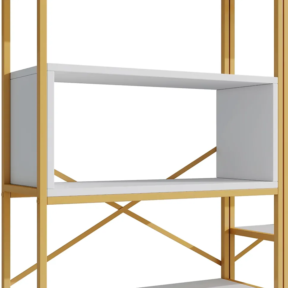 Étagère de Rangement Moderne - Meuble d'Entrée avec Étagères Multiples et Structure en Acier Blanc et Doré - 160x29,5x180 cm