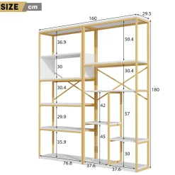 Étagère de Rangement Moderne - Meuble d'Entrée avec Étagères Multiples et Structure en Acier Blanc et Doré - 160x29,5x180 cm