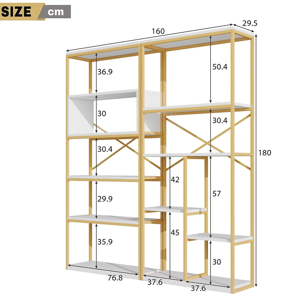 Étagère de Rangement Moderne - Meuble d'Entrée avec Étagères Multiples et Structure en Acier Blanc et Doré - 160x29,5x180 cm