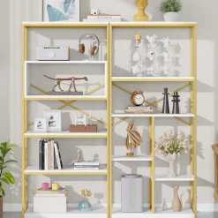 Étagère de Rangement Moderne - Meuble d'Entrée avec Étagères Multiples et Structure en Acier Blanc et Doré - 160x29,5x180 cm
