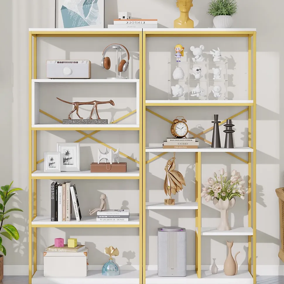 Étagère de Rangement Moderne - Meuble d'Entrée avec Étagères Multiples et Structure en Acier Blanc et Doré - 160x29,5x180 cm