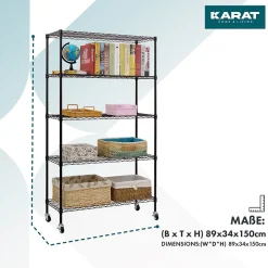Étagère en métal avec roulettes Maya 5 Étagères 89 x 34 x 150 cm Noir Charge Max 120 kg - Floordirekt