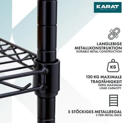 Étagère en métal avec roulettes Maya 5 Étagères 89 x 34 x 150 cm Noir Charge Max 120 kg - Floordirekt