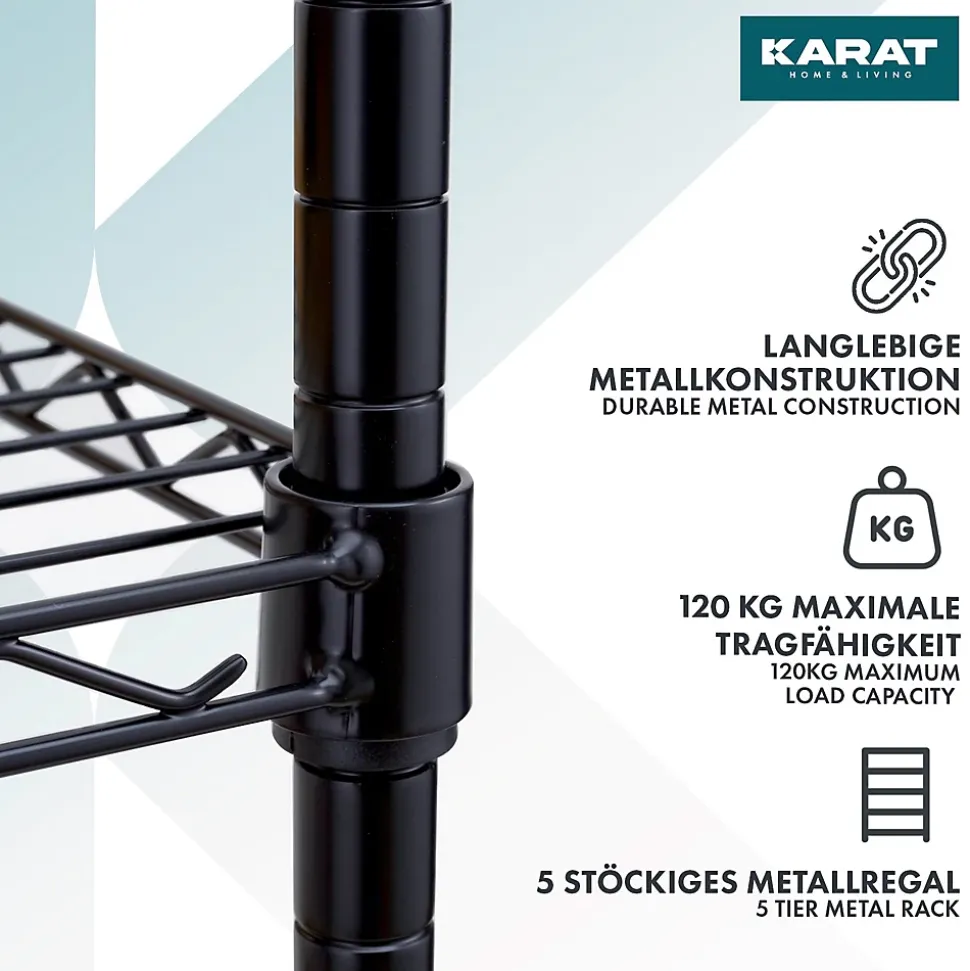 Étagère en métal avec roulettes Maya 5 Étagères 89 x 34 x 150 cm Noir Charge Max 120 kg - Floordirekt