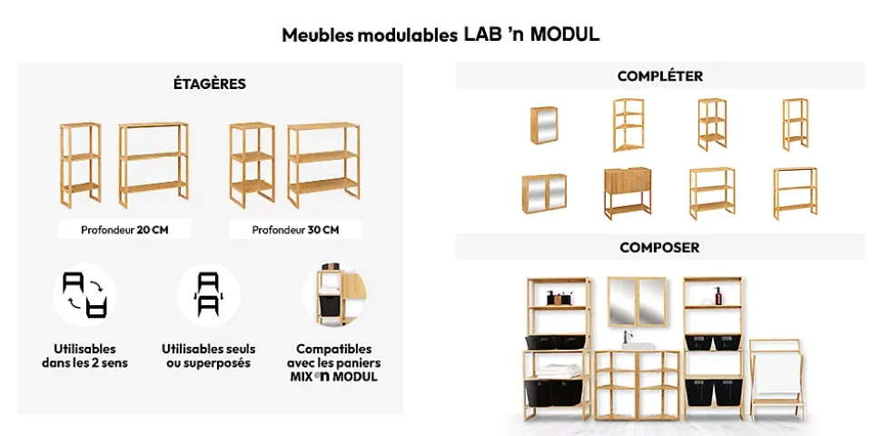 Étagère haute 2 niveaux 30cm Bambou Lab'n modul - 5Five