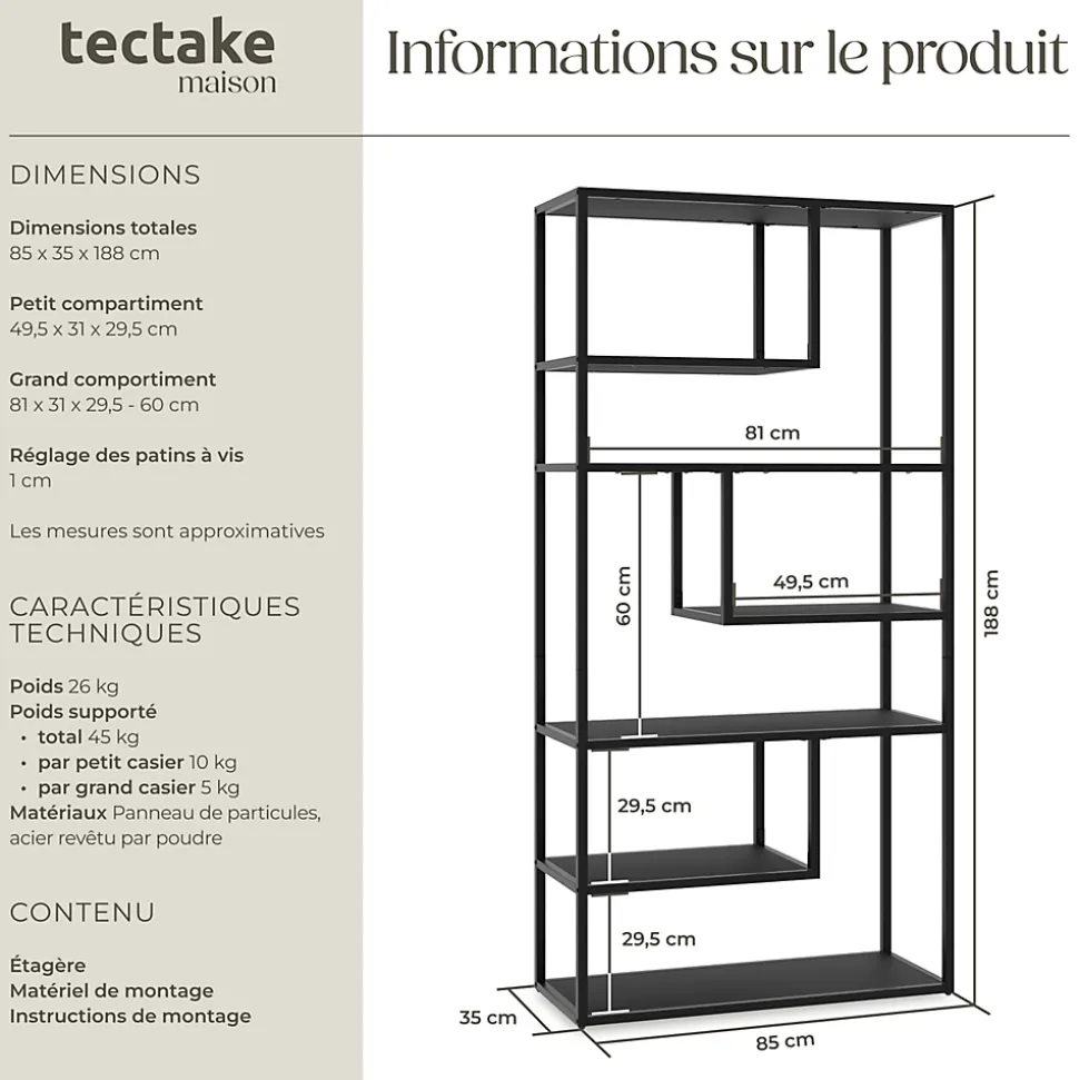 Étagère look industriel pieds en plastique réglables en hauteur