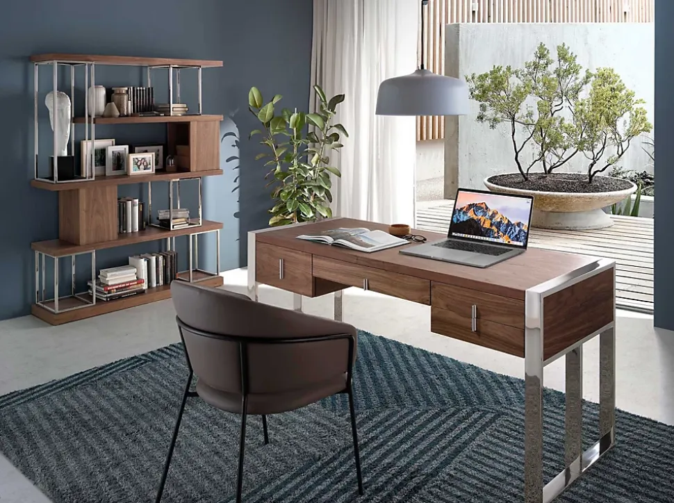 Étagère Moderne en Noyer et Acier Inoxydable Chromé pour Intérieur Élégant