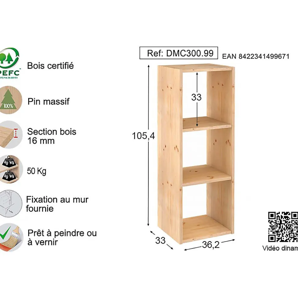 Étagère modulaire en pin massif Dinamic 3 tablettes