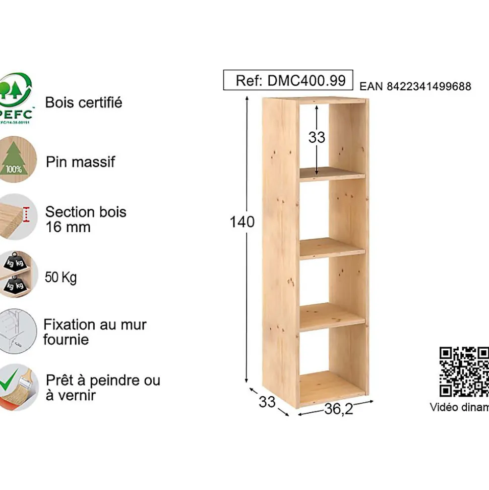 Étagère modulaire en pin massif Dinamic 4 tablettes