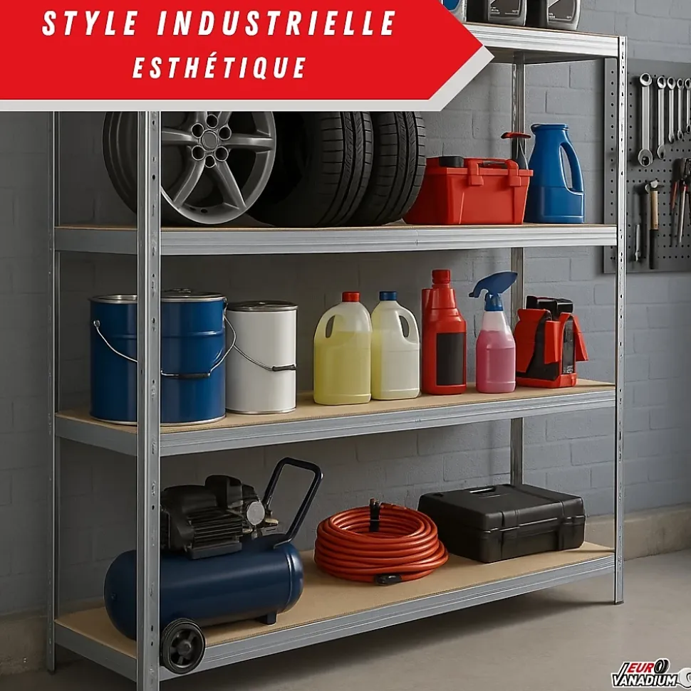 Étagère métal de rangement pour garage, atelier, sous sol avec 4 étages- Capacité 1400 kg - L. 237 x P. 60 x H. 200 cm