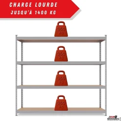 Étagère métal de rangement pour garage, atelier, sous sol avec 4 étages- Capacité 1400 kg - L. 237 x P. 60 x H. 200 cm