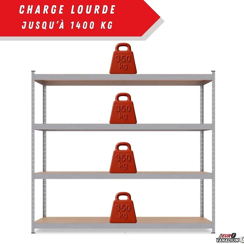 Étagère métal de rangement pour garage, atelier, sous sol avec 4 étages- Capacité 1400 kg - L. 237 x P. 60 x H. 200 cm