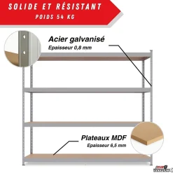 Étagère métal de rangement pour garage, atelier, sous sol avec 4 étages- Capacité 1400 kg - L. 237 x P. 60 x H. 200 cm