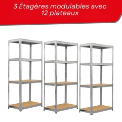 Étagère métal rangement charges lourdes - max 960 kg -12 plateaux - L.210 x P. 30 x H.150 cm
