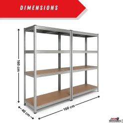 Étagère métallique 160 x 160 cm double, 8 plateaux, 640 kg, acier galvanisé, modulable et robuste
