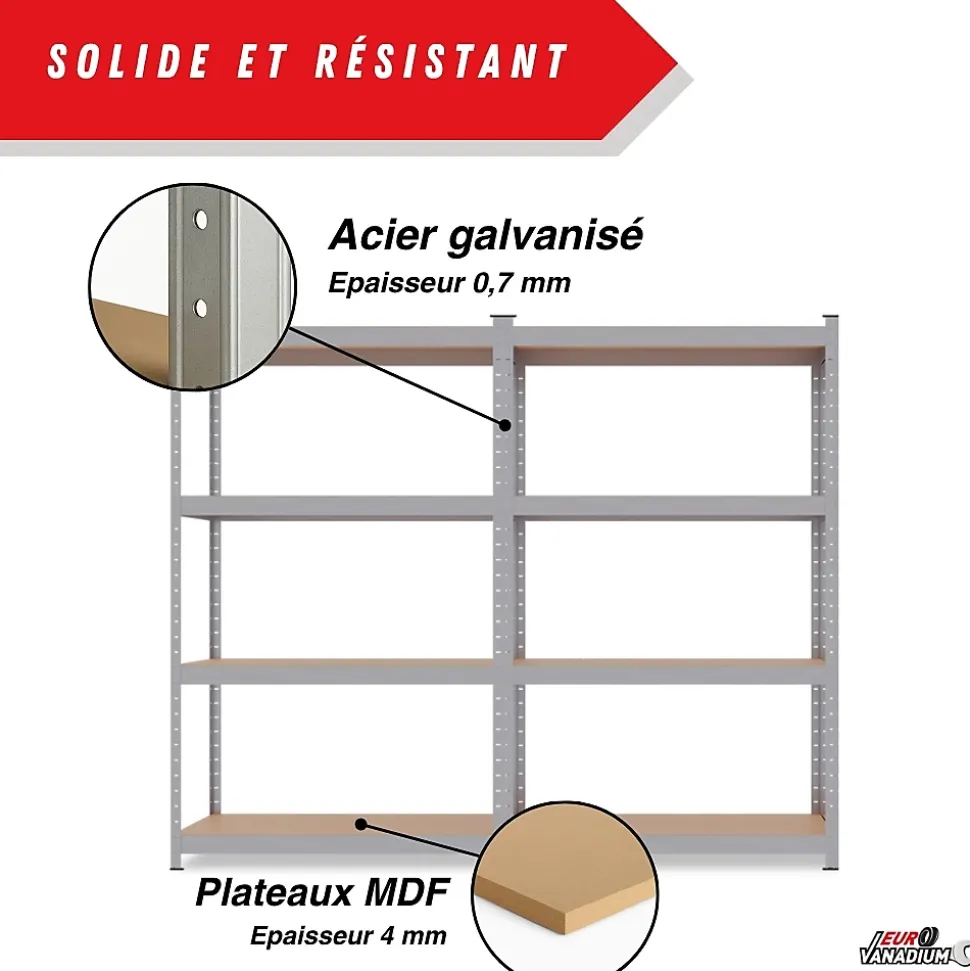 Étagère métallique 160 x 160 cm double, 8 plateaux, 640 kg, acier galvanisé, modulable et robuste