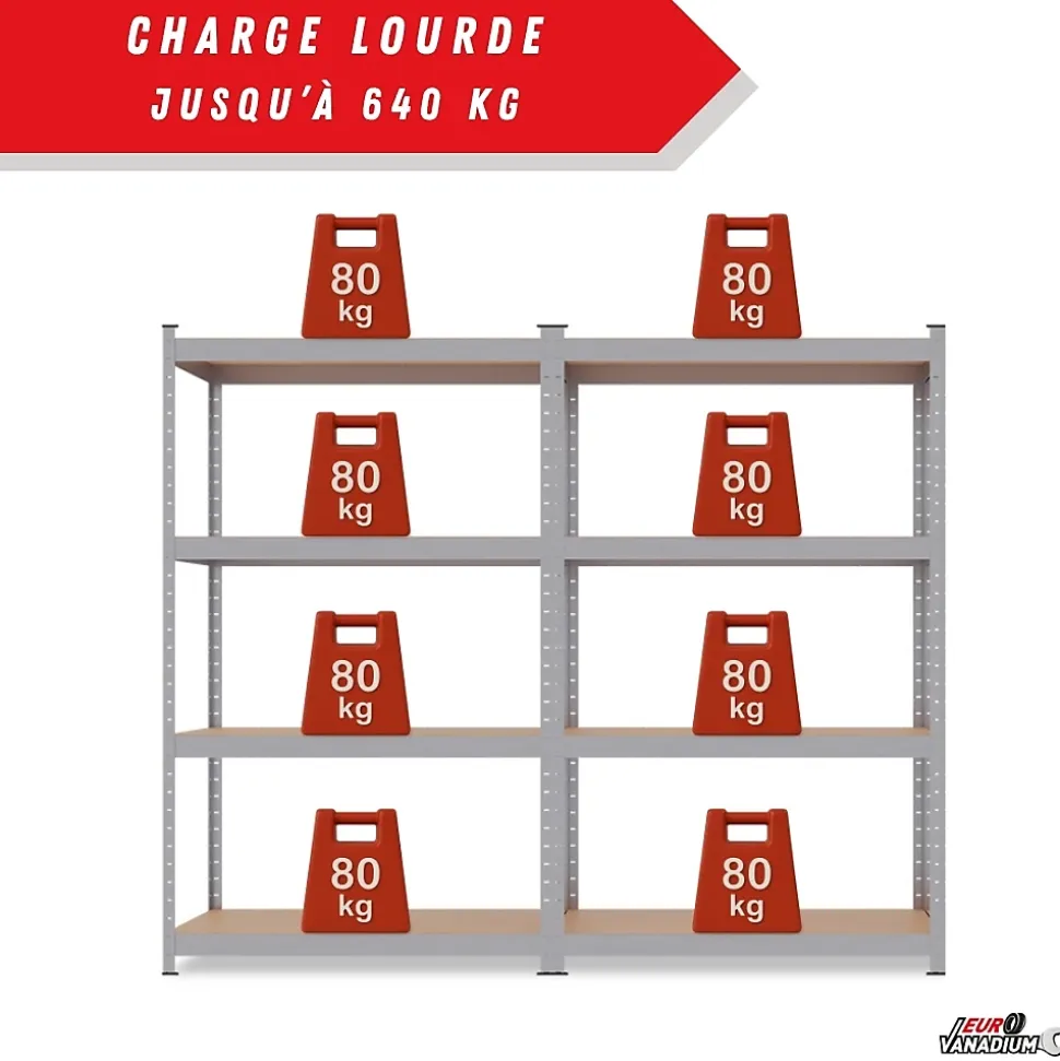 Étagère métallique 160 x 160 cm double, 8 plateaux, 640 kg, acier galvanisé, modulable et robuste