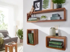 Étagère murale Lot de 3 Bois Massif Étagère en bois Étagère à livres FineBuy