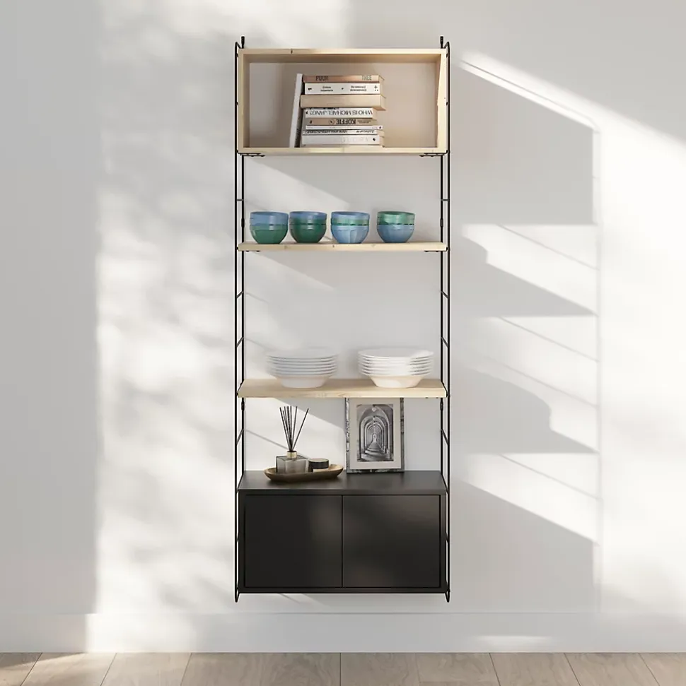 Étagère murale modulable avec 2 portes, étagère murale, 2 tablettes et 2 échelles noir et pin massif GoodHome Rigga H. 171,2 x L. 60 x P. 29 cm