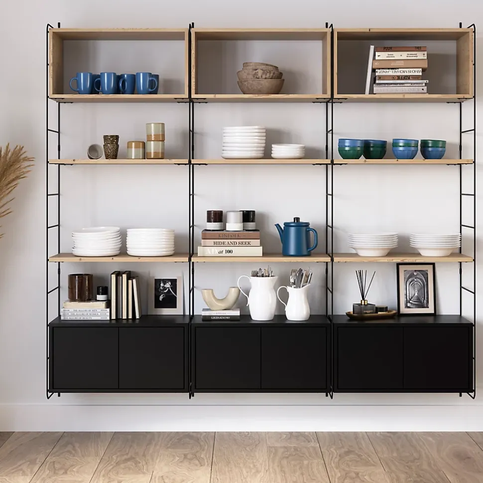 Étagère murale modulable avec 6 portes, 3 étagères murales, 6 tablettes et 4 échelles noir et pin massif GoodHome Rigga H. 171,2 x L. 180 x P. 29 cm
