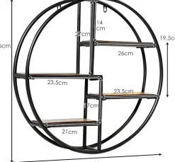 Étagère Murale Ronde, Étagère Suspendue avec 4 étagères en Bois et Métal Design Industriel Décoration Murale pour Salon