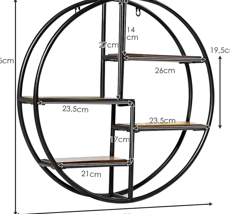 Étagère Murale Ronde, Étagère Suspendue avec 4 étagères en Bois et Métal Design Industriel Décoration Murale pour Salon