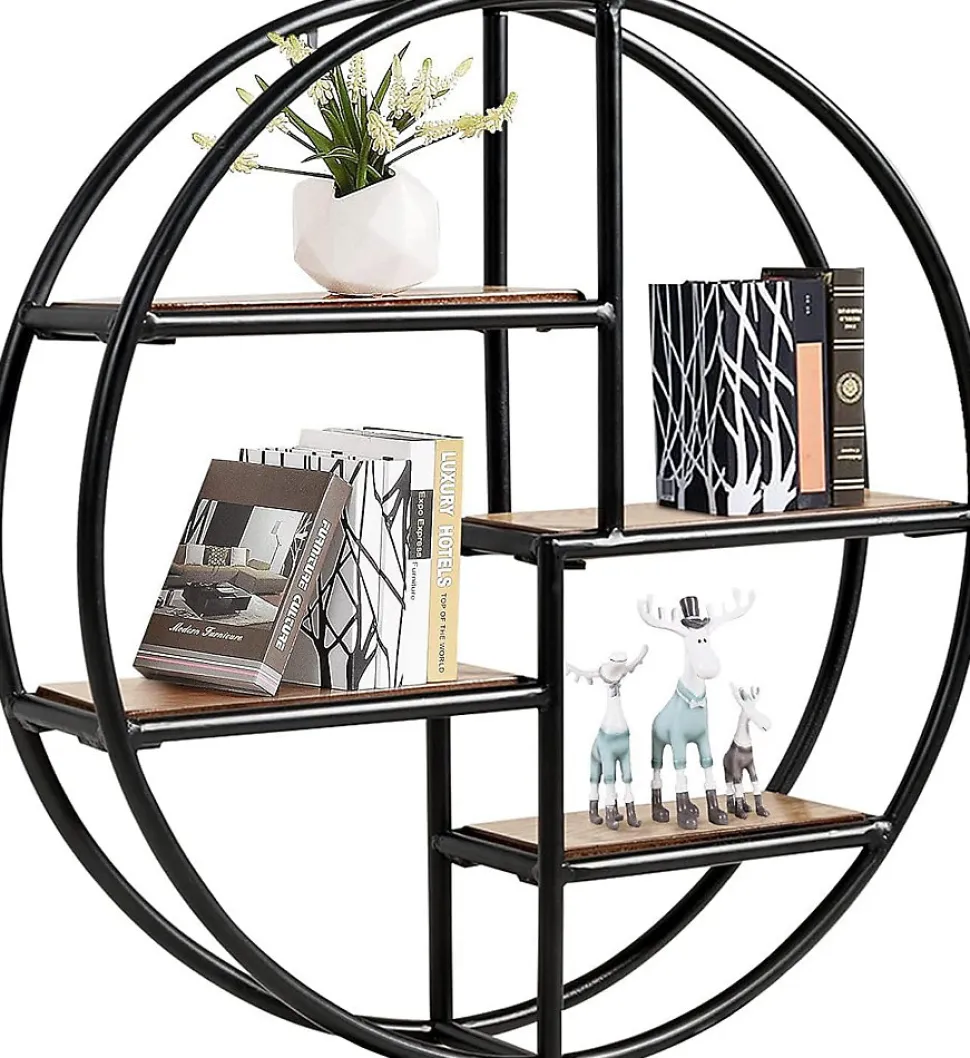 Étagère Murale Ronde, Étagère Suspendue avec 4 étagères en Bois et Métal Design Industriel Décoration Murale pour Salon