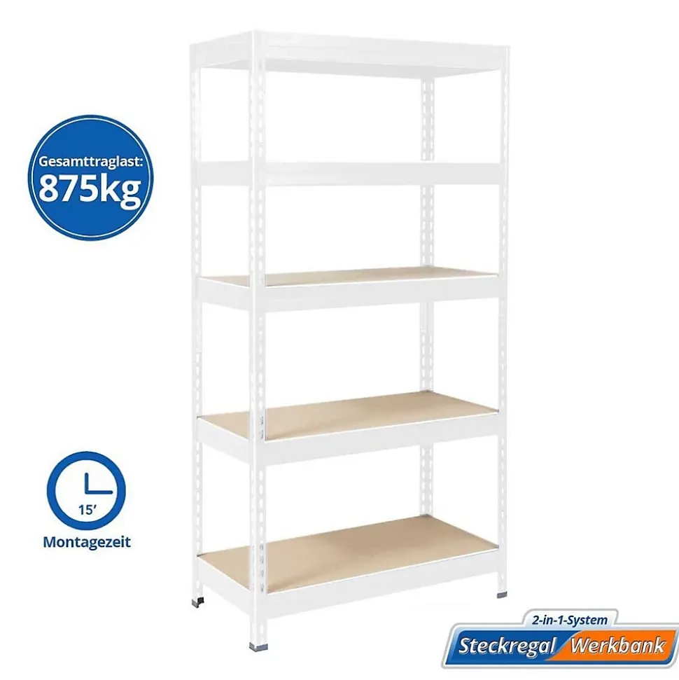 Étagère pour charge lourde 5 Étages Blanc 220 x 90 x 45 cm, Charge Max 875 kg