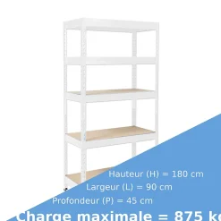 Étagère pour charge lourde 5 Étages Blanc 180 x 90 x 45 cm, Charge Max 875 kg
