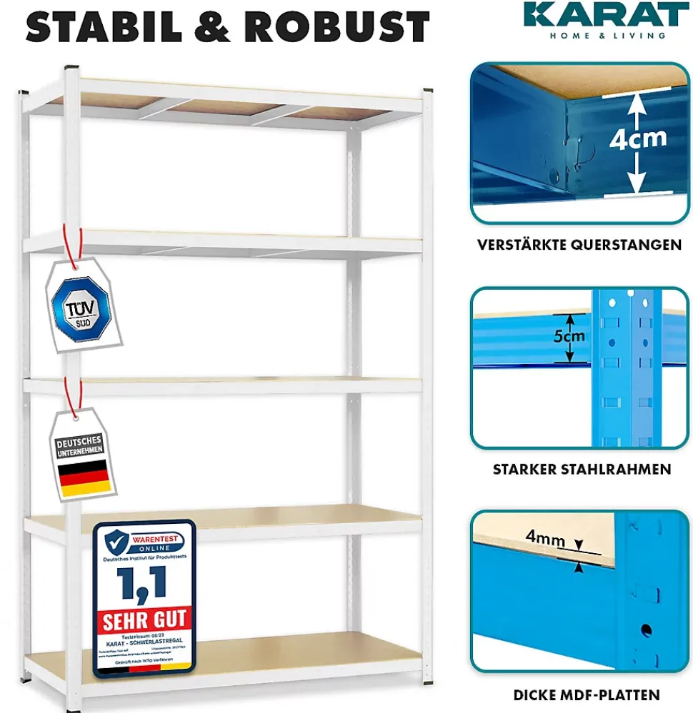 Étagère pour charge lourde 5 Étages Blanc 180 x 90 x 60 cm, Charge Max : 875 kg