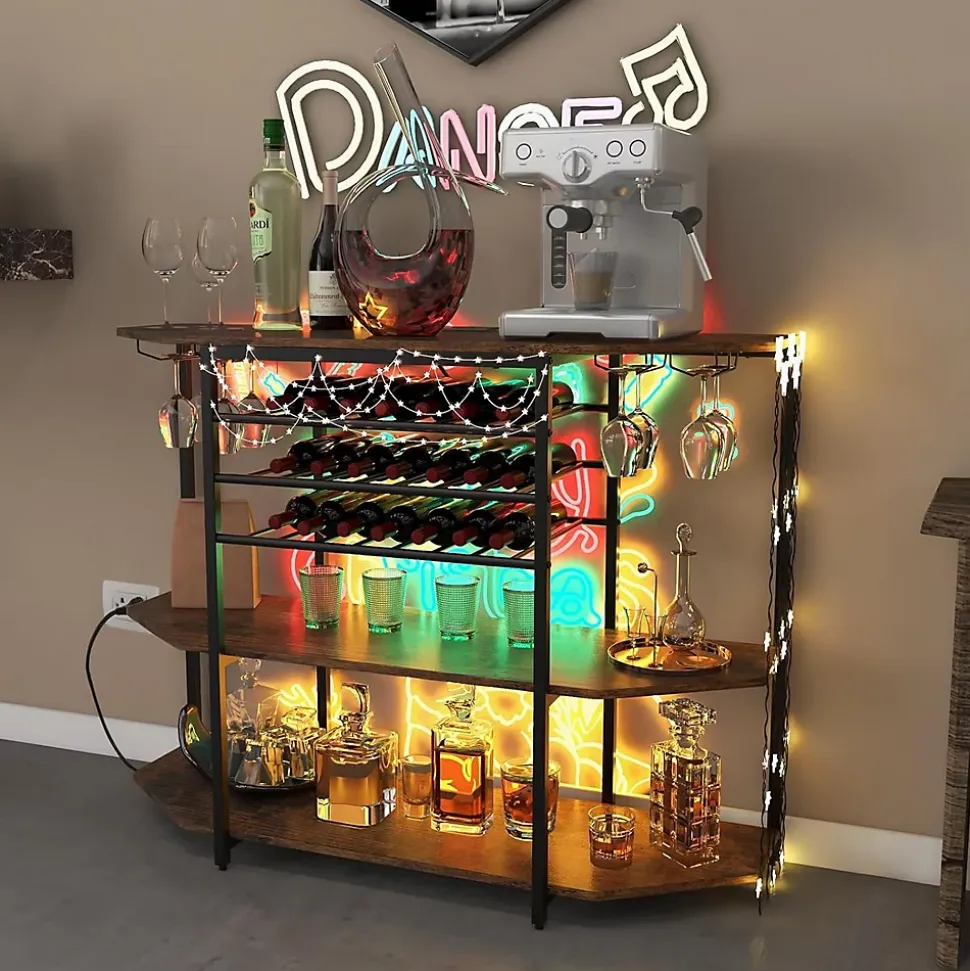 Étagère Range Bouteille à 3 Niveaux avec Station de Charge Intégrée Étagères Ouvertes et Porte bouteilles de Vin Marron