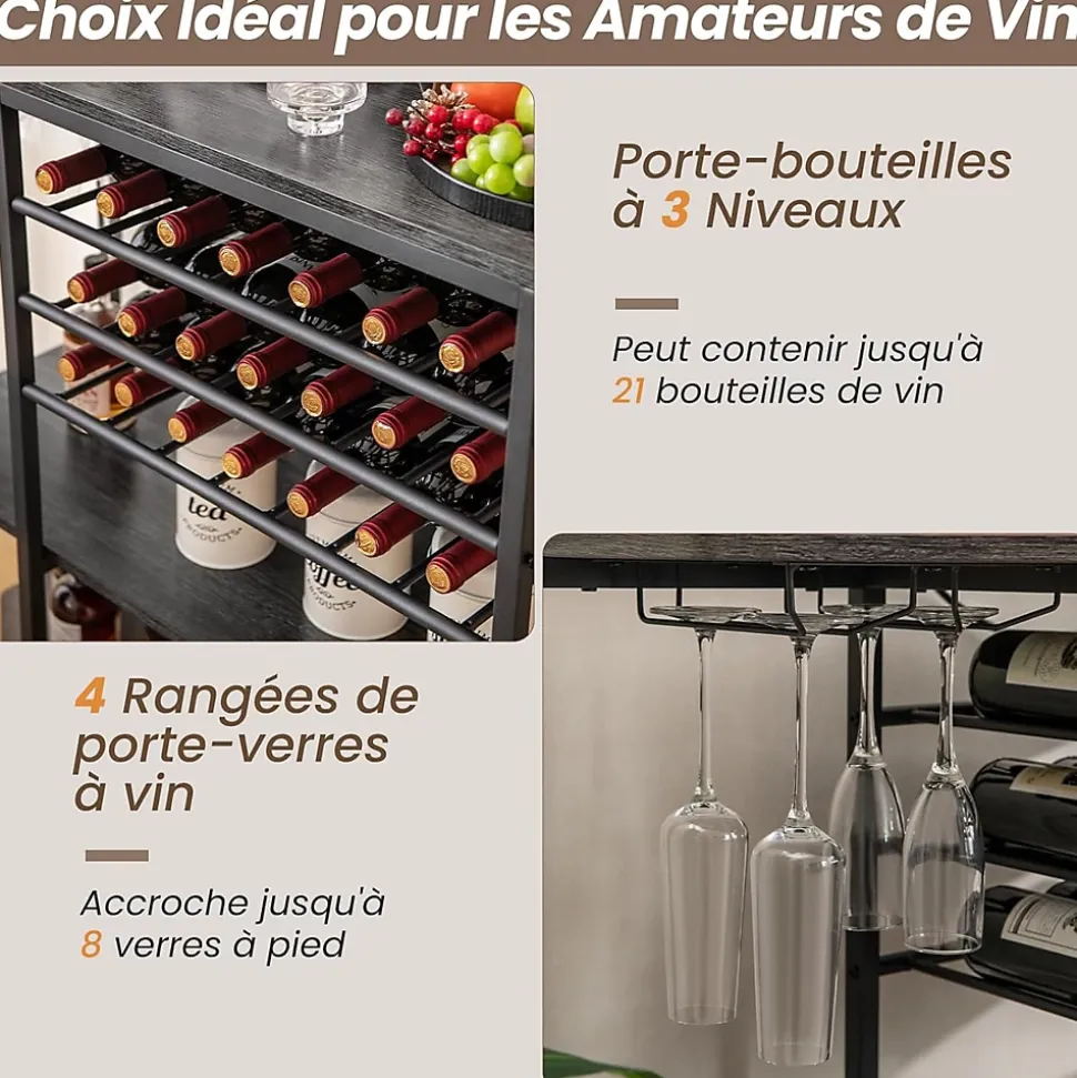 Étagère Range Bouteille à 3 Niveaux avec Station de Charge Intégrée Étagères Ouvertes et Porte bouteilles de Vin Marron