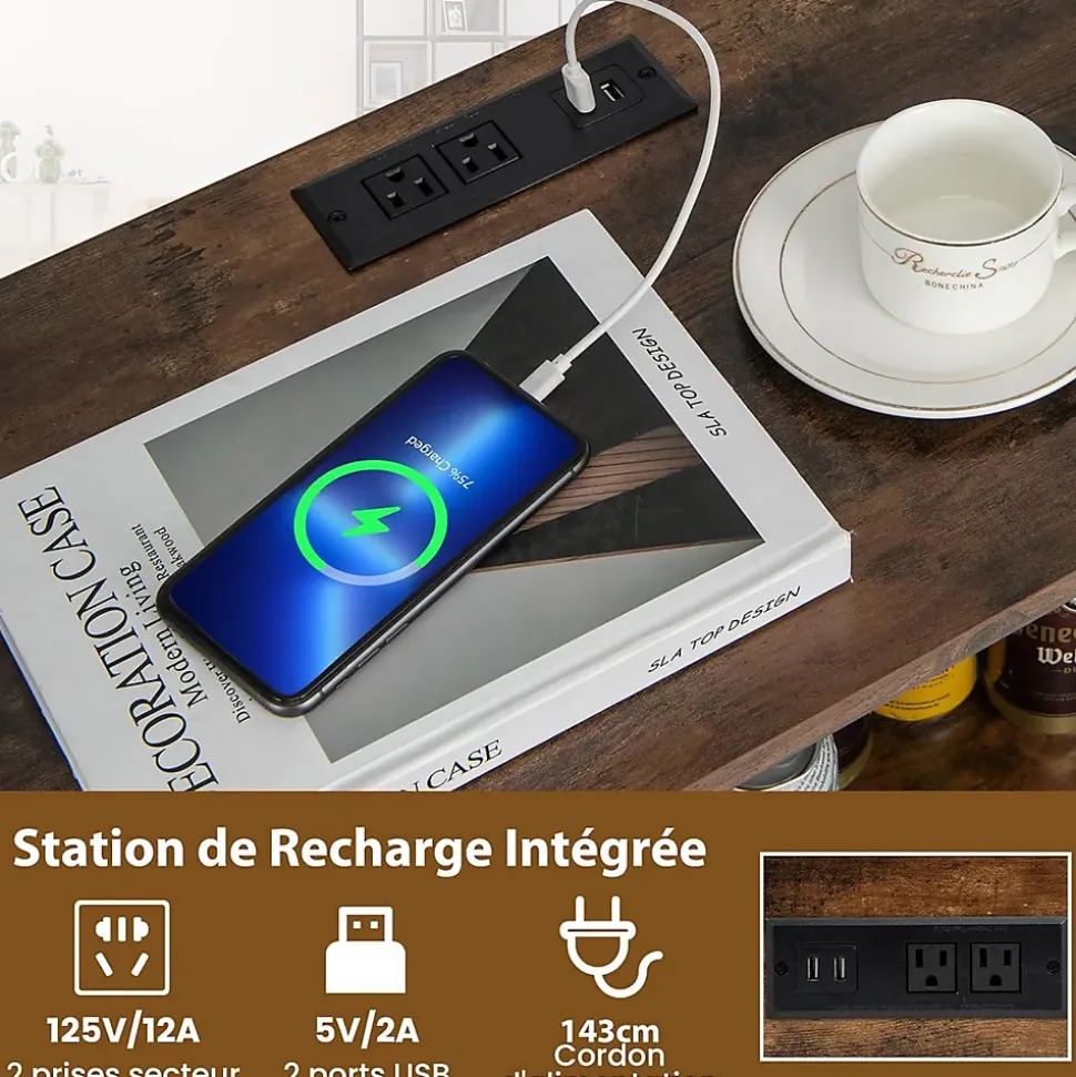 Étagère Range Bouteille à 3 Niveaux avec Prises Table de Bar à Liqueur avec Porte bouteille et Kit Anti basculement Marron