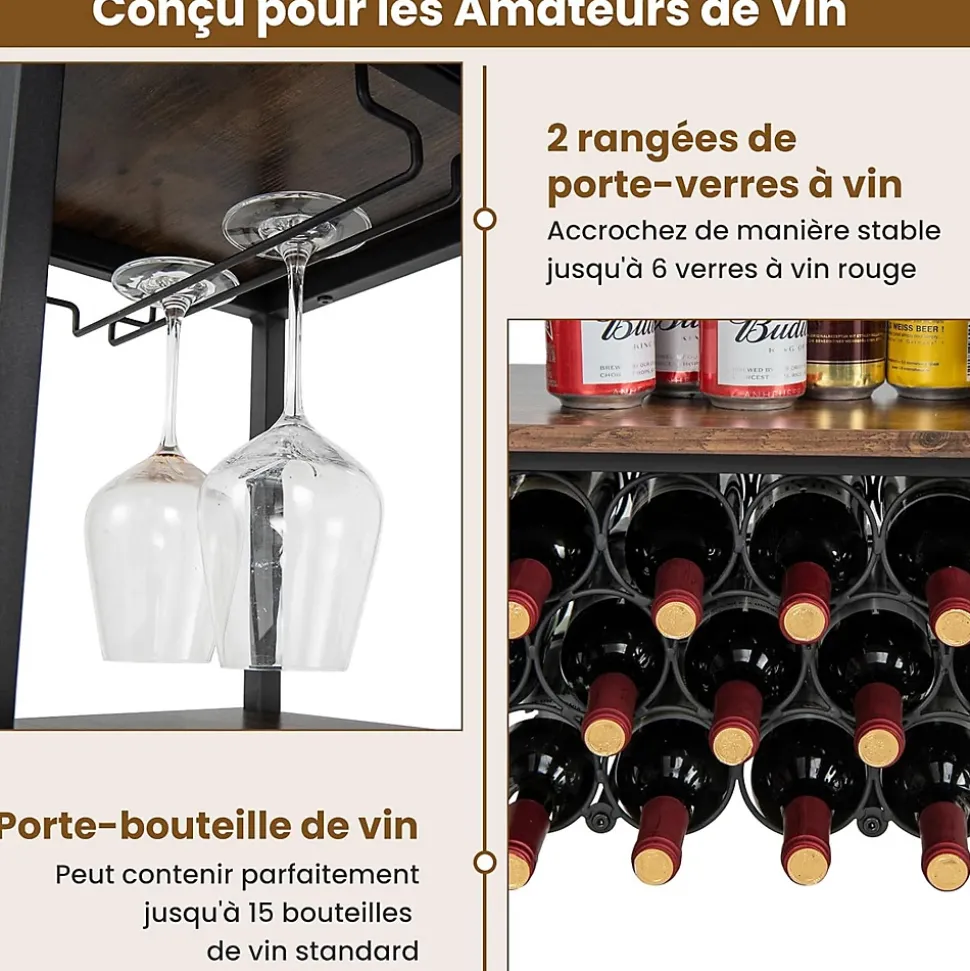 Étagère Range Bouteille à 3 Niveaux avec Prises Table de Bar à Liqueur avec Porte bouteille et Kit Anti basculement Marron