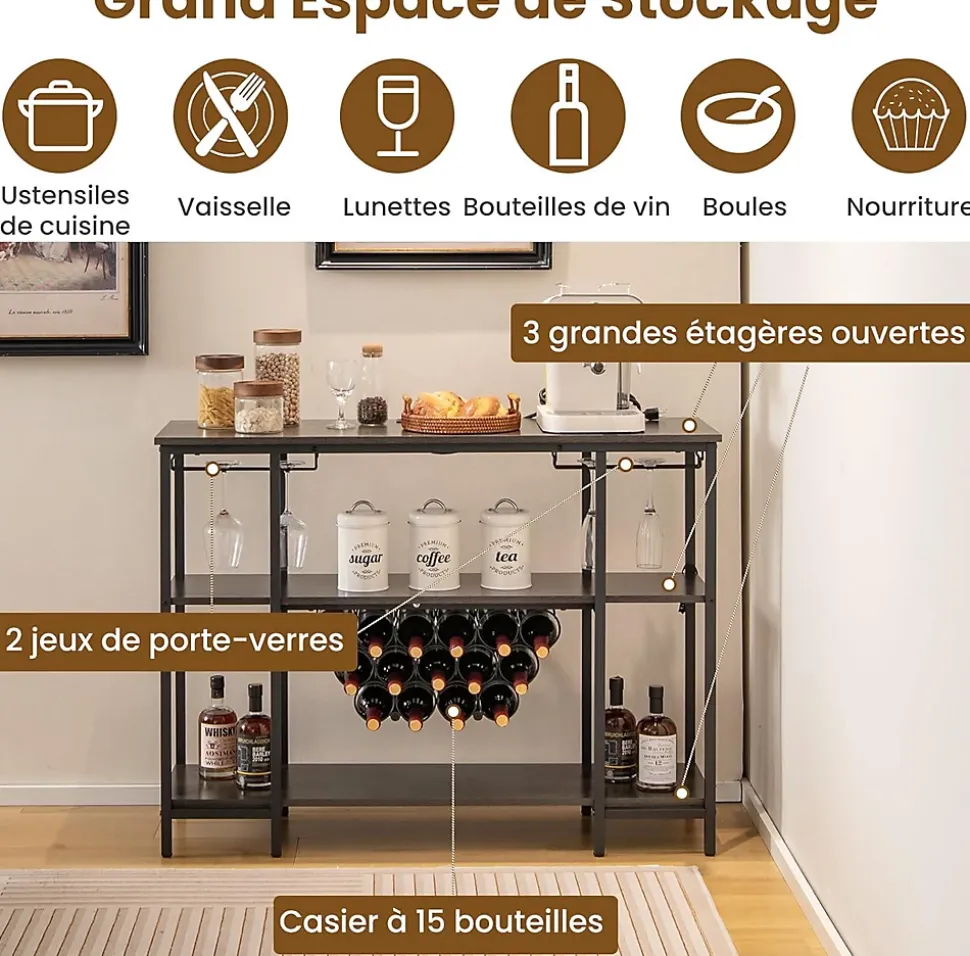 Étagère Range Bouteille à 3 Niveaux avec Prises Table de Bar à Liqueur avec Porte bouteille et Kit Anti basculement Gris