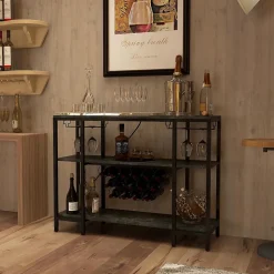 Étagère Range Bouteille à 3 Niveaux avec Prises Table de Bar à Liqueur avec Porte bouteille et Kit Anti basculement Gris