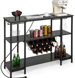 Étagère Range Bouteille à 3 Niveaux avec Prises Table de Bar à Liqueur avec Porte bouteille et Kit Anti basculement Gris