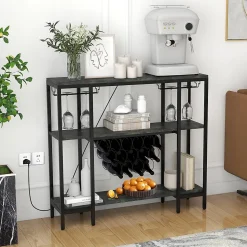 Étagère Range Bouteille à 3 Niveaux avec Prises Table de Bar à Liqueur avec Porte bouteille et Kit Anti basculement Gris