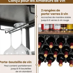 Étagère Range Bouteille à 3 Niveaux avec Prises Table de Bar à Liqueur avec Porte bouteille et Kit Anti basculement Gris