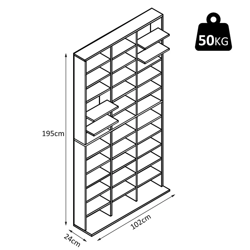 Étagère rangement CD/DVD - 1116 CDs 33 compartiments réglables en hauteur - 102 x 24 x 195 cm - effet bois