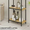 Étagère salle de bain bambou verni 3 niveaux autoportante cadre acier noir