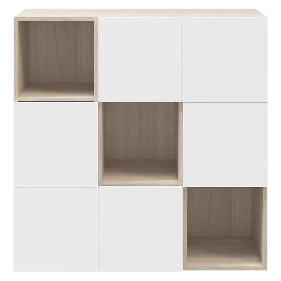 Étagère semi ouverte 9 cases effet chêne avec 6 portes blanches GoodHome Atomia H. 112,5 x L. 112,5 x P. 37 cm