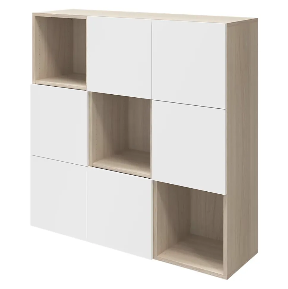 Étagère semi ouverte 9 cases effet chêne avec 6 portes blanches GoodHome Atomia H. 112,5 x L. 112,5 x P. 37 cm