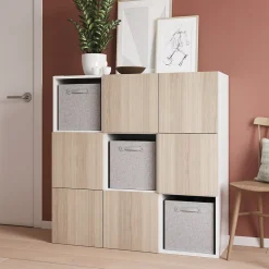 Étagère semi ouverte 9 cases blanche avec 6 portes effet chêne GoodHome Atomia H. 112,5 x L. 112,5 x P. 37 cm