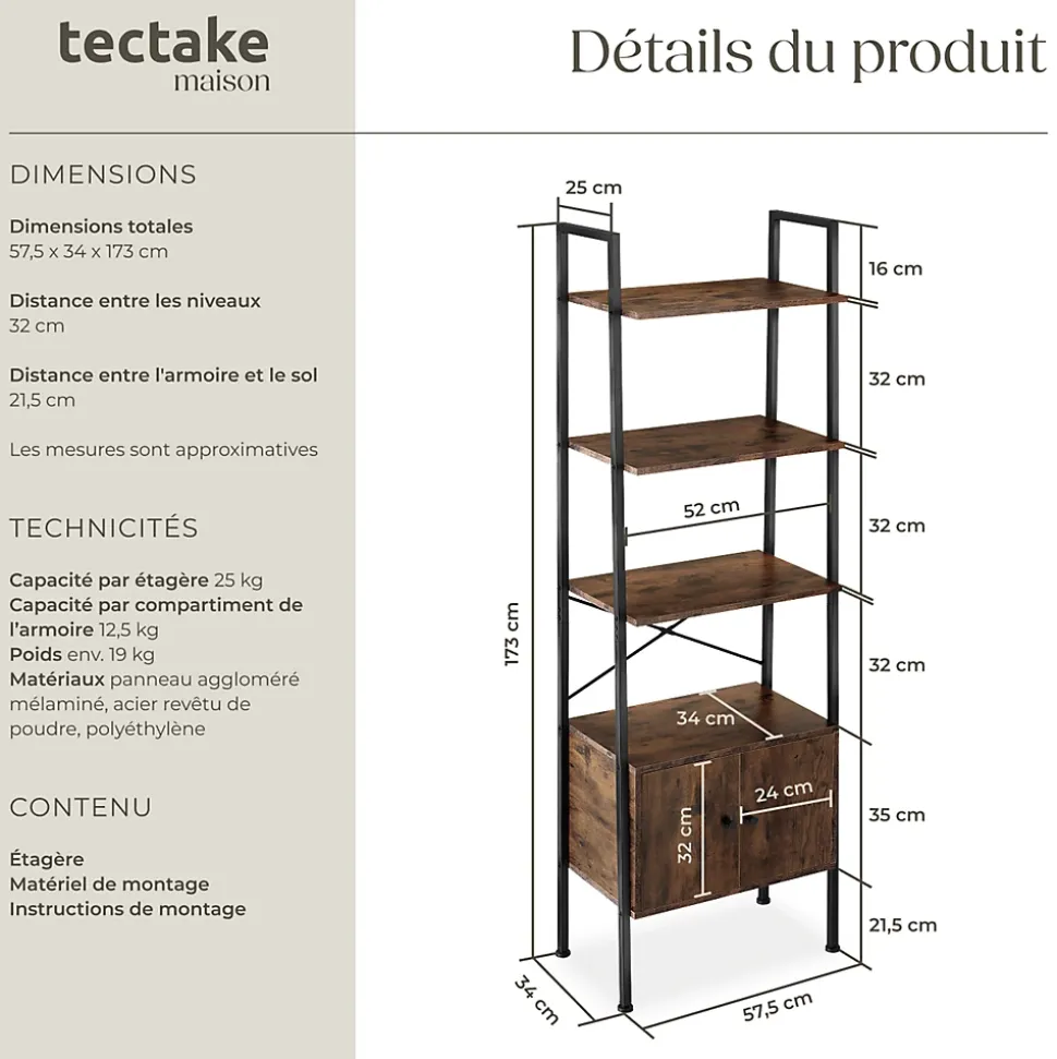 Étagère style industriel avec des pieds en plastique réglables en hauteur